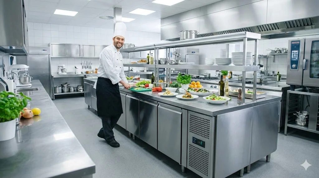 테이블냉장고를 활용하여 효율적인 조리 동선을 완성하고 성공적으로 운영되는 깨끗한 주방의 모습이랍니다.