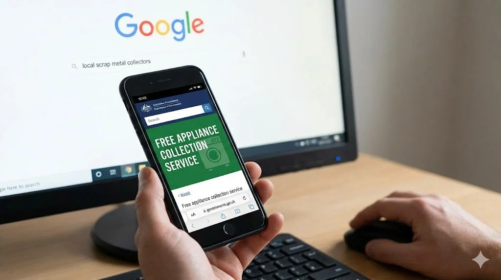 업소용냉장고폐기 전, 무상 수거 가능 여부를 알아보기 위해 폐가전 무상 방문 수거 서비스 정보를 검색하는 모습이에요.