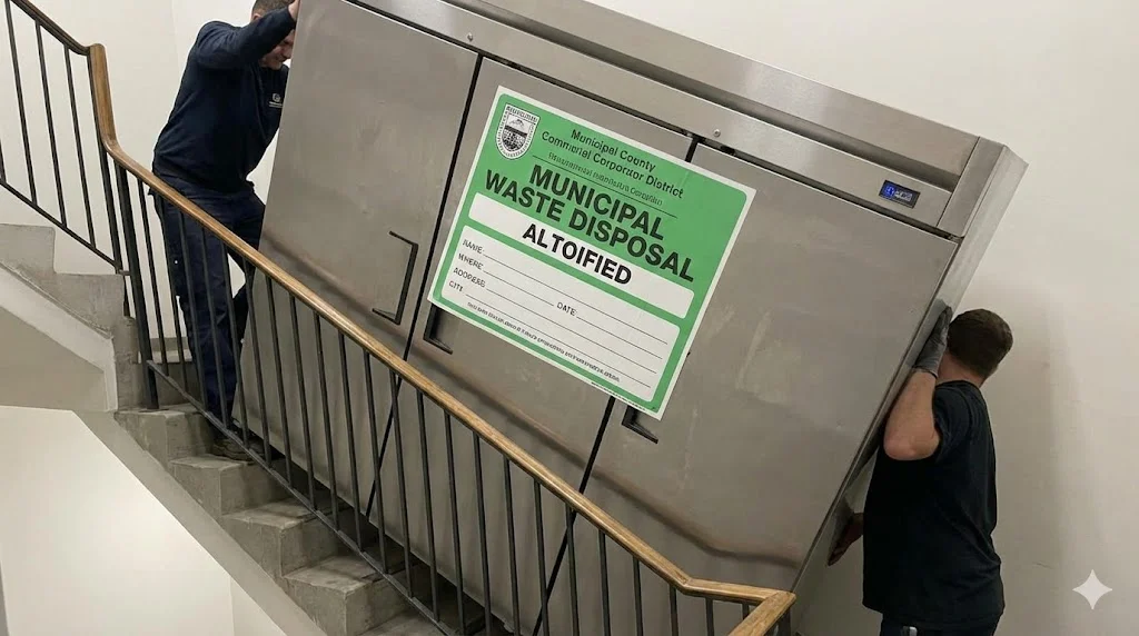 지자체 폐기물 스티커를 부착한 업소용냉장고폐기 시, 좁은 계단이나 이동의 어려움으로 인한 고충을 보여주는 상황이랍니다.