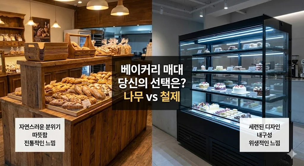 베이커리 매대 소재 선택을 위한 따뜻한 나무 진열대와 모던한 철제 매대 디자인 및 인테리어 비교