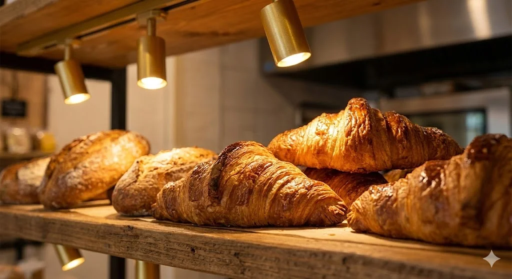 베이커리 조명 활용으로 베이커리매대 빵을 맛있어 보이게 연출한 모습.