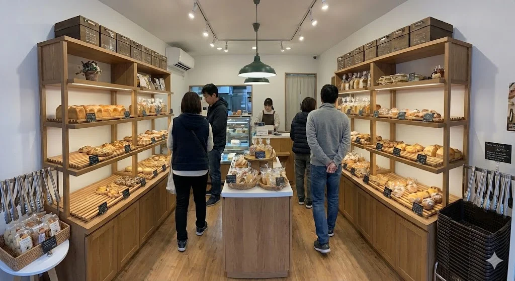 베이커리매대 좁은 베이커리 매장 동선 배치를 고려한 효율적인 진열대 구성.