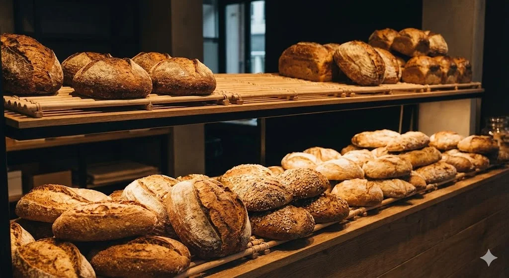사장님의 정성이 담긴 다양한 빵들이 아름답게 진열된 베이커리 매대.