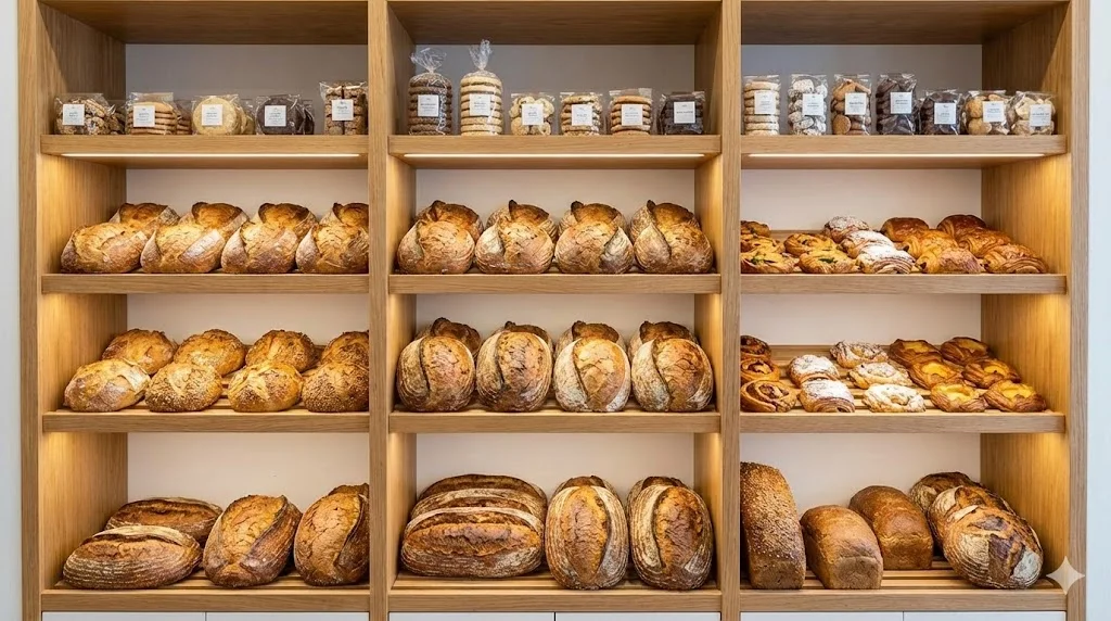 전략적인 층별 배치가 돋보이는 다단 빵진열대. 고객의 눈높이인 골든 존에 주력 상품이 진열되어 구매 전환율을 높이는 배치법을 보여줍니다.