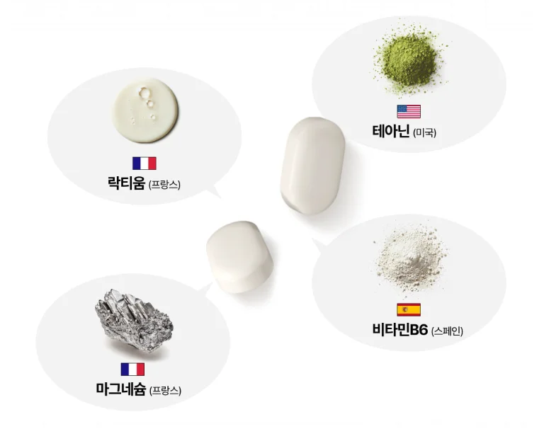 멜라토닌 대체 수면영양제 락티움, 테아닌, 마그네슘, 비타민B6 성분 이미지