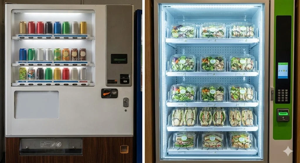 다양한 신선식품과 샐러드가 진열된 쇼케이스형 냉장자판기 내부