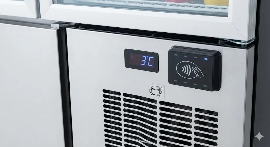 정밀한 온도 제어를 보여주는 디지털 온도계와 최신 결제 시스템이 탑재된 자판기의 디테일 컷입니다.