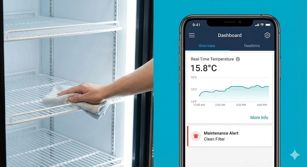 자판기 내부를 청소하는 모습과 스마트폰 앱을 통해 유지보수 알림을 받는 스마트한 관리 방식을 동시에 보여줍니다.