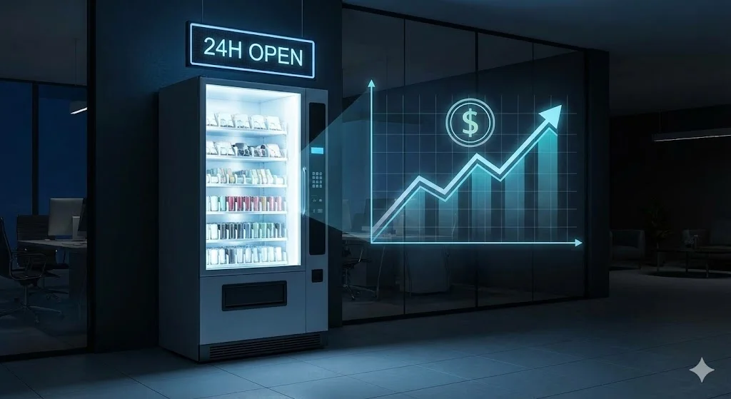 24시간 운영되는 냉장자판기와 상승하는 수익 그래프를 시각화하여 높은 투자 대비 수익성을 상징적으로 표현했습니다.