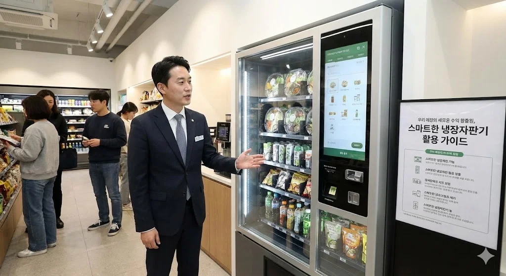 양복을 입은 남성이 매장 내 설치된 스마트 냉장자판기와 '우리 매장의 새로운 수익 창출원, 스마트한 냉장자판기 활용 가이드' 안내판을 가리키며 설명하고 있다.