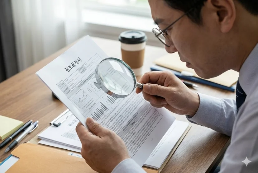 돋보기로 프랜차이즈 정보공개서의 세부 데이터를 분석하는 모습