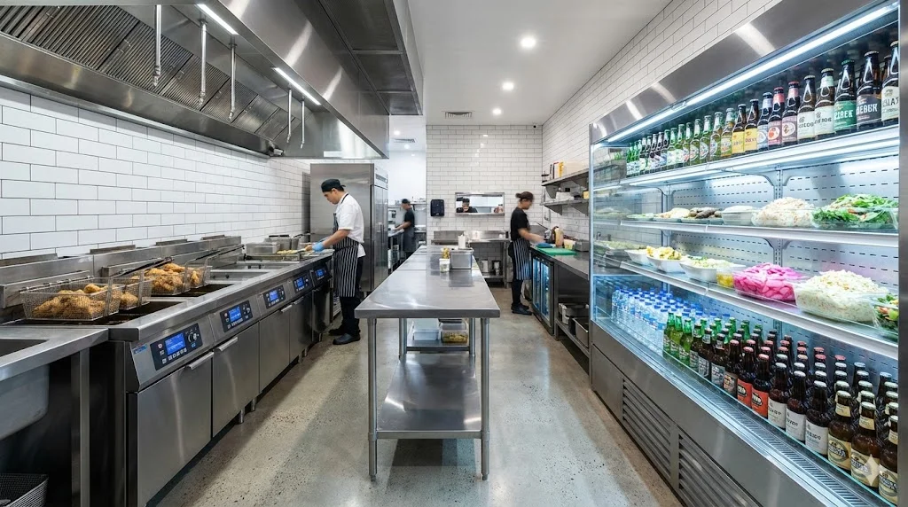 현대적이고 청결한 치킨집 주방과 신선한 재료가 담긴 냉장 쇼케이스