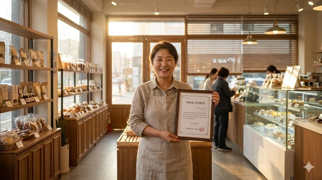 소상공인지원사업에 최종 선정되어 기뻐하며 매장을 운영하는 성공한 사장님