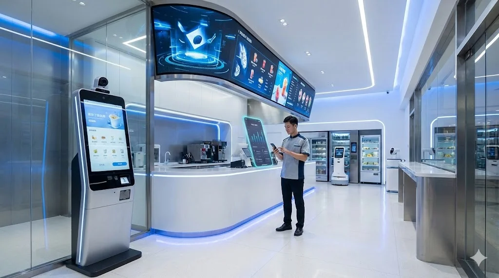 지원사업을 통해 스마트 키오스크와 디지털 시스템을 도입하여 운영 효율을 높인 매장 내부