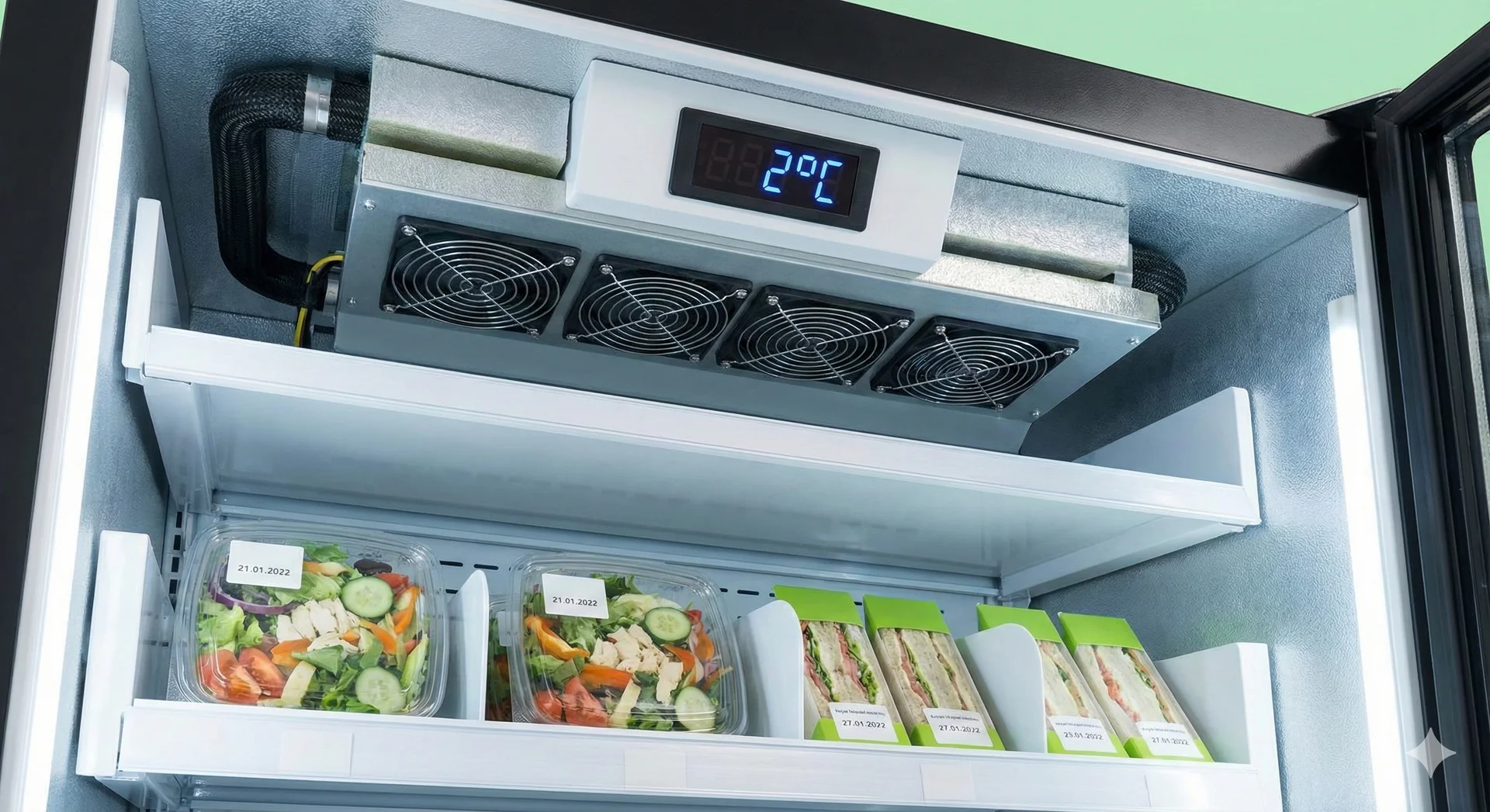 정밀한 온도 유지와 위생 관리가 가능한 스마트자판기 내부 시스템을 클로즈업한 이미지입니다.