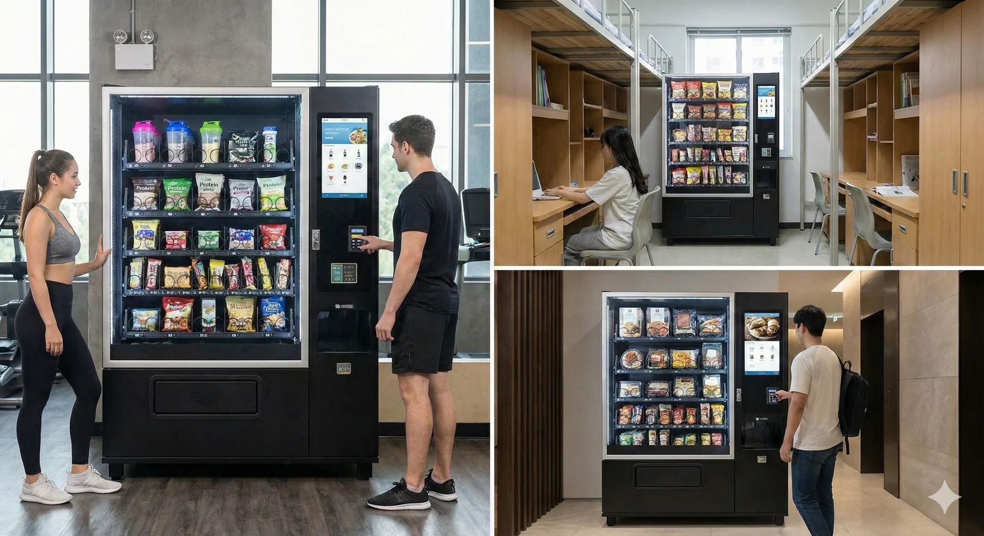 다양한 장소(헬스장, 기숙사, 아파트 커뮤니티)에 설치되어 고객 니즈에 맞는 상품을 판매하는 스마트자판기의 활용 사례를 콜라주 형식으로 보여줍니다.