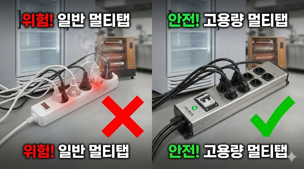 일반 멀티탭 사용의 위험성과 고용량 멀티탭의 안전성을 극적인 대비를 통해 한눈에 보여주는 이미지입니다.