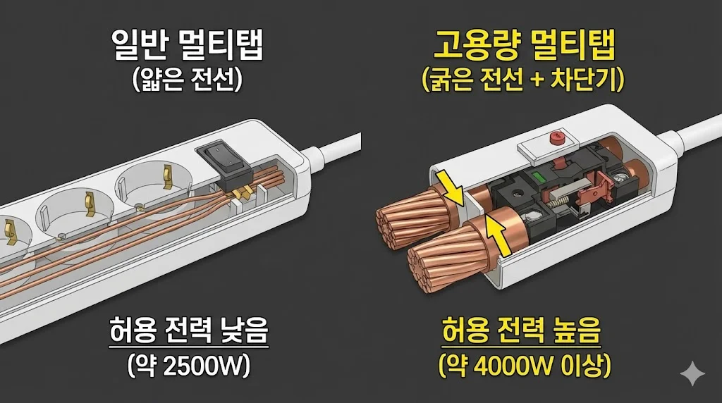 얇은 전선의 일반 제품과 굵은 전선 및 차단기를 갖춘 고용량 제품의 내부 구조를 단면도로 명확히 비교했습니다.