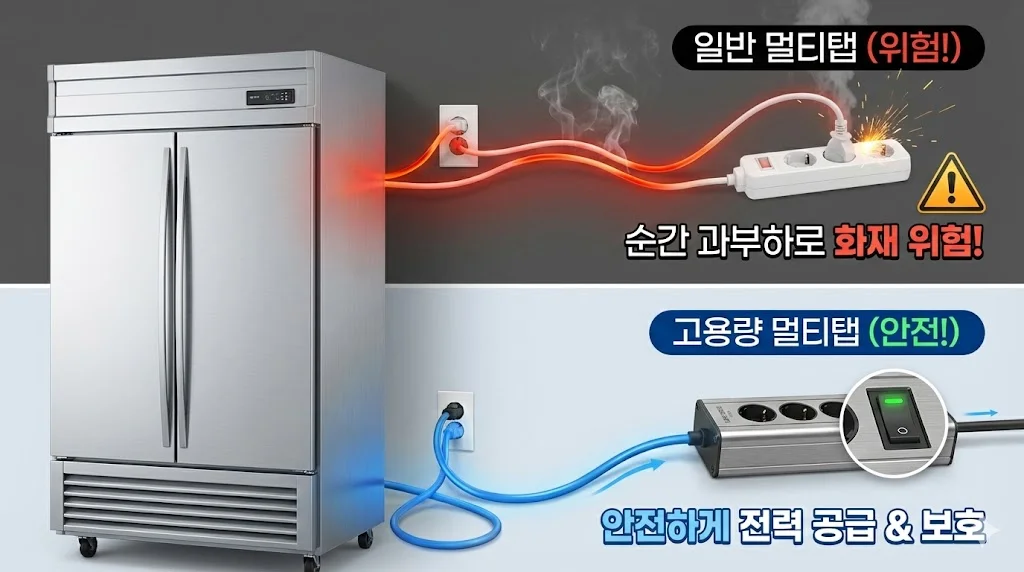 대형 냉장고가 작동하는 순간, 일반 멀티탭의 과열 위험과 고용량 멀티탭의 안전한 전력 공급을 시각화했습니다.