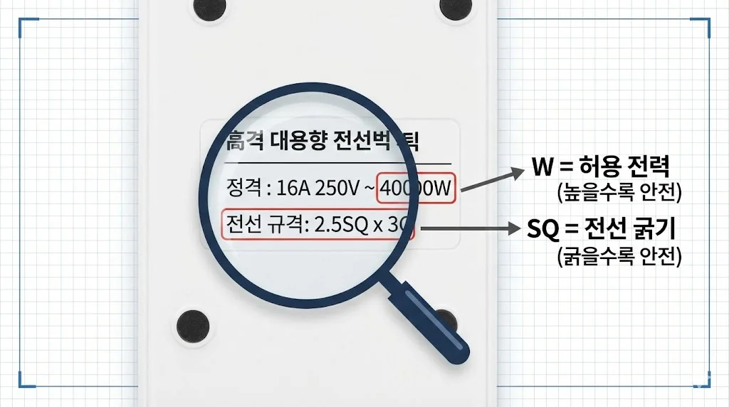 제품 뒷면의 스펙 라벨을 확대하여 허용 전력(W)과 전선 굵기(SQ)를 확인하는 방법을 직관적으로 보여줍니다.