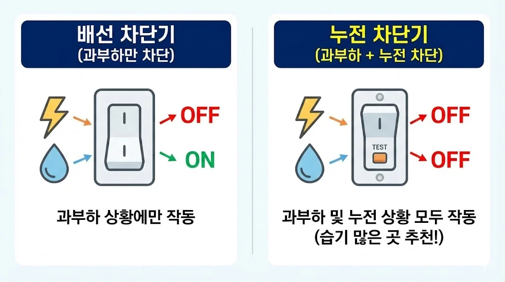 과부하만 차단하는 배선 차단기와, 과부하 및 누전까지 차단하는 누전 차단기의 기능 차이를 아이콘으로 알기 쉽게 표현했습니다.