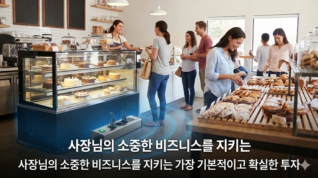 번창하는 매장의 기반이 되는 고용량 멀티탭의 역할을 감성적으로 표현하며, 안전에 대한 투자의 중요성을 강조하는 이미지입니다.