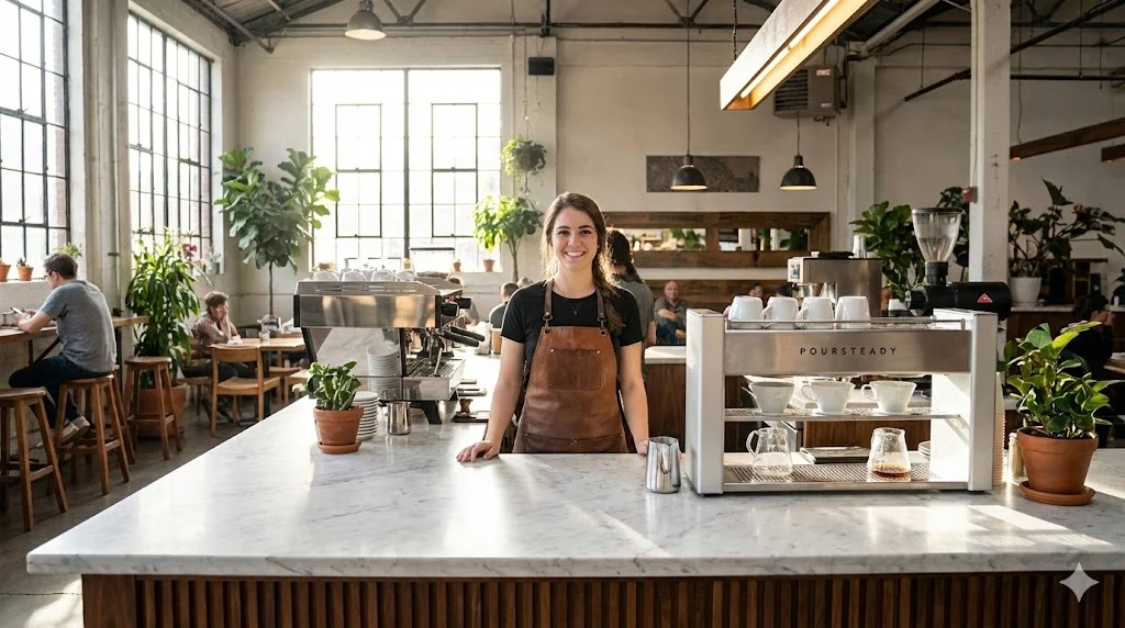 현대적인 인테리어의 카페에서 자신감 있게 웃고 있는 커피창업 사장님