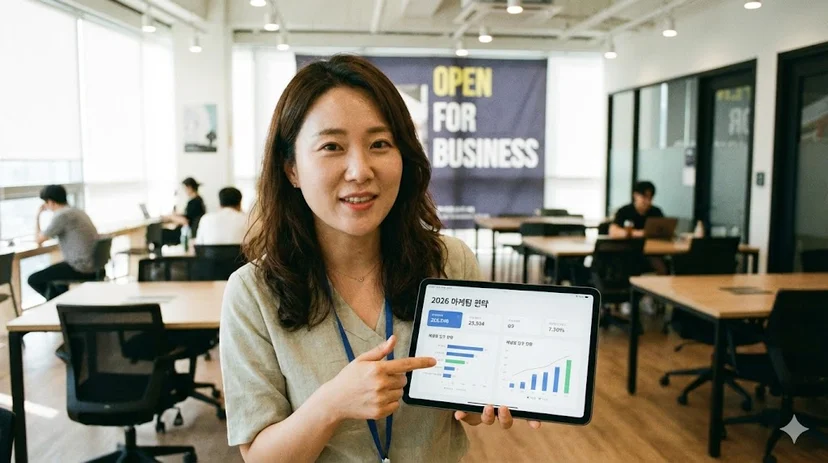 공유오피스 공실을 빠르게 채우기 위해 태블릿으로 네이버 플레이스와 SNS 마케팅 지표를 분석하고 전략을 수립하는 전문적인 운영자의 모습