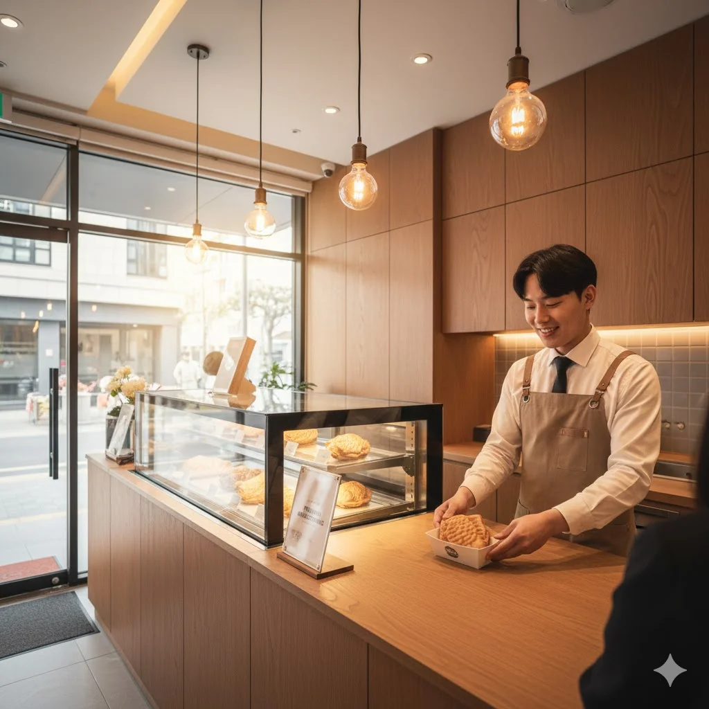 깔끔하고 현대적인 인테리어를 갖춘 프리미엄 붕어빵 전문점 전경