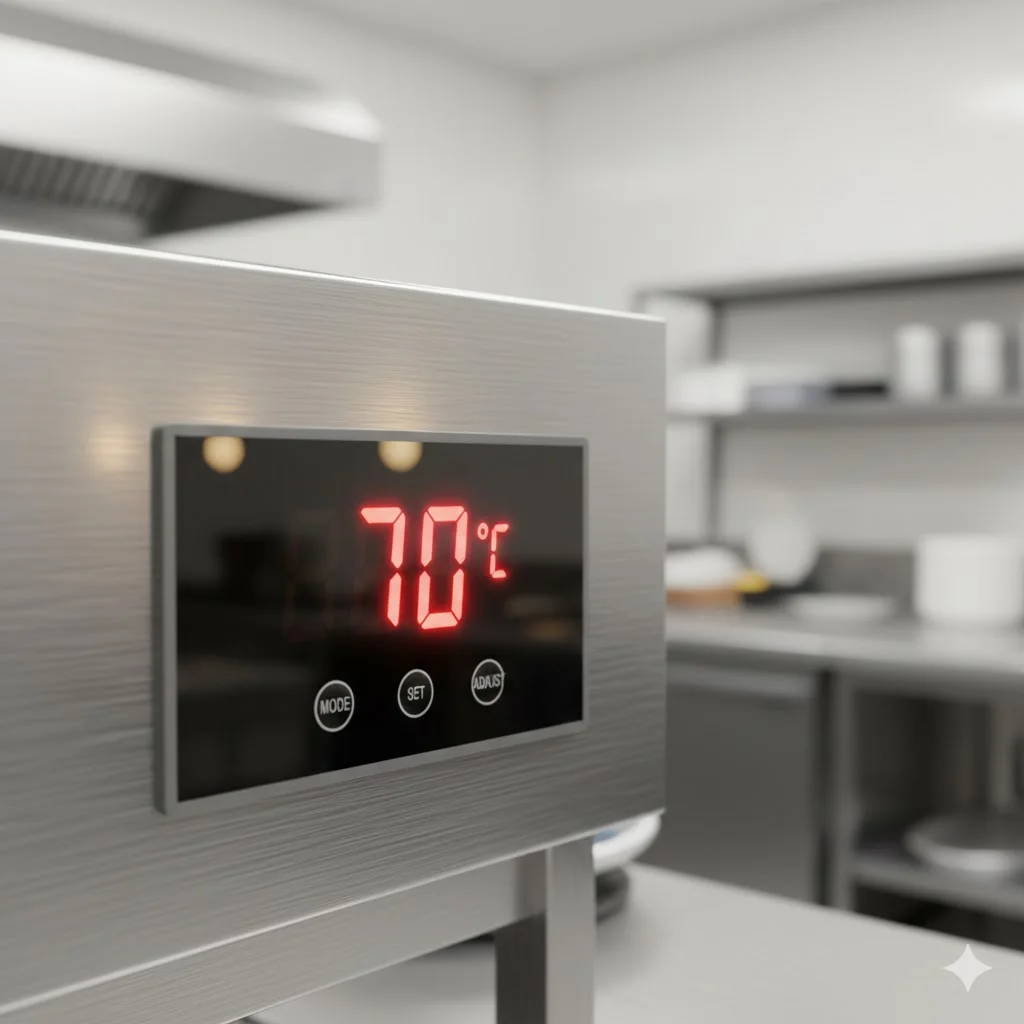 정확한 온도를 유지하고 있음을 보여주는 보온쇼케이스 디지털 컨트롤 패널