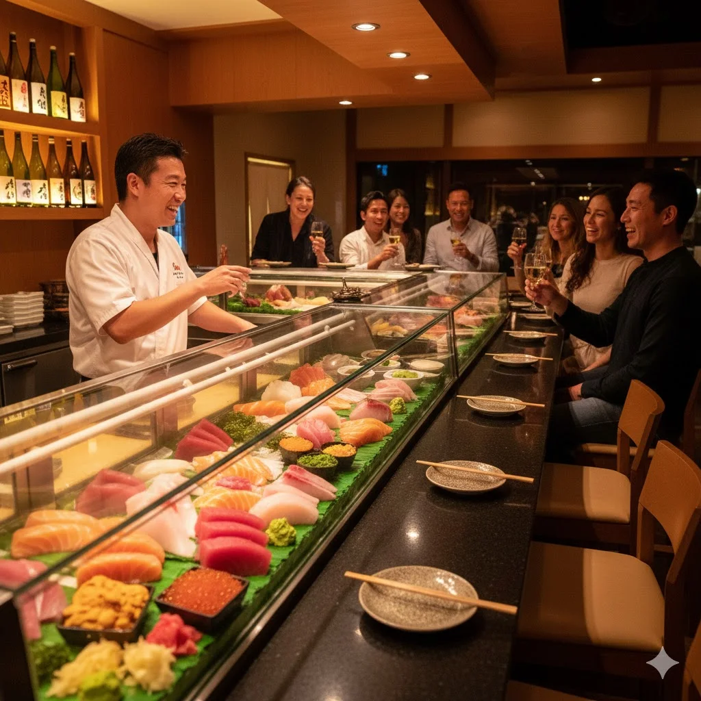 신선한 재료가 진열된 초밥쇼케이스를 중심으로 활기차고 고급스러운 분위기의 일식당 내부 전경
