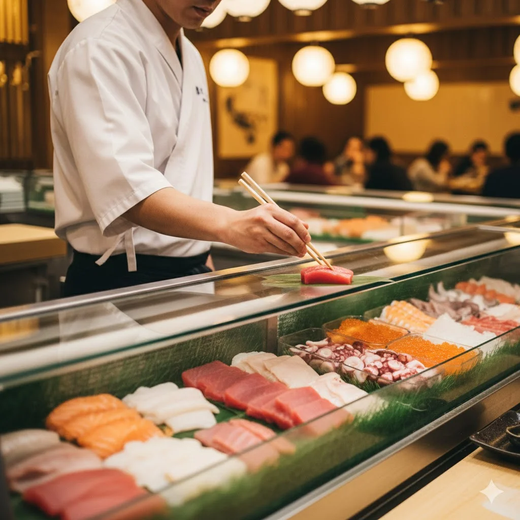 초밥쇼케이스에서 신선한 생선을 꺼내 조리하는 전문 셰프의 모습