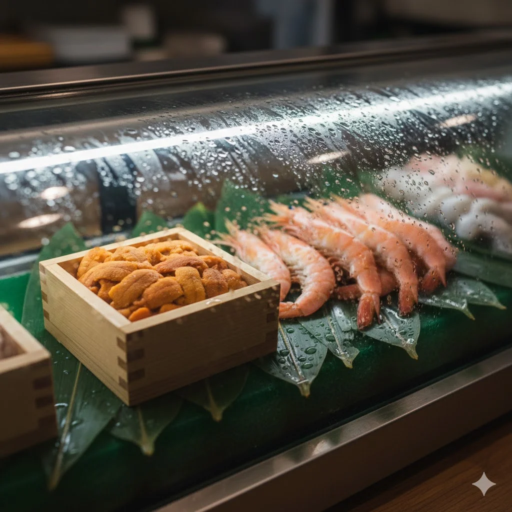 김 서림 없이 투명한 유리 너머로 보이는 신선한 성게알과 새우 등 초밥 식재료 상세컷