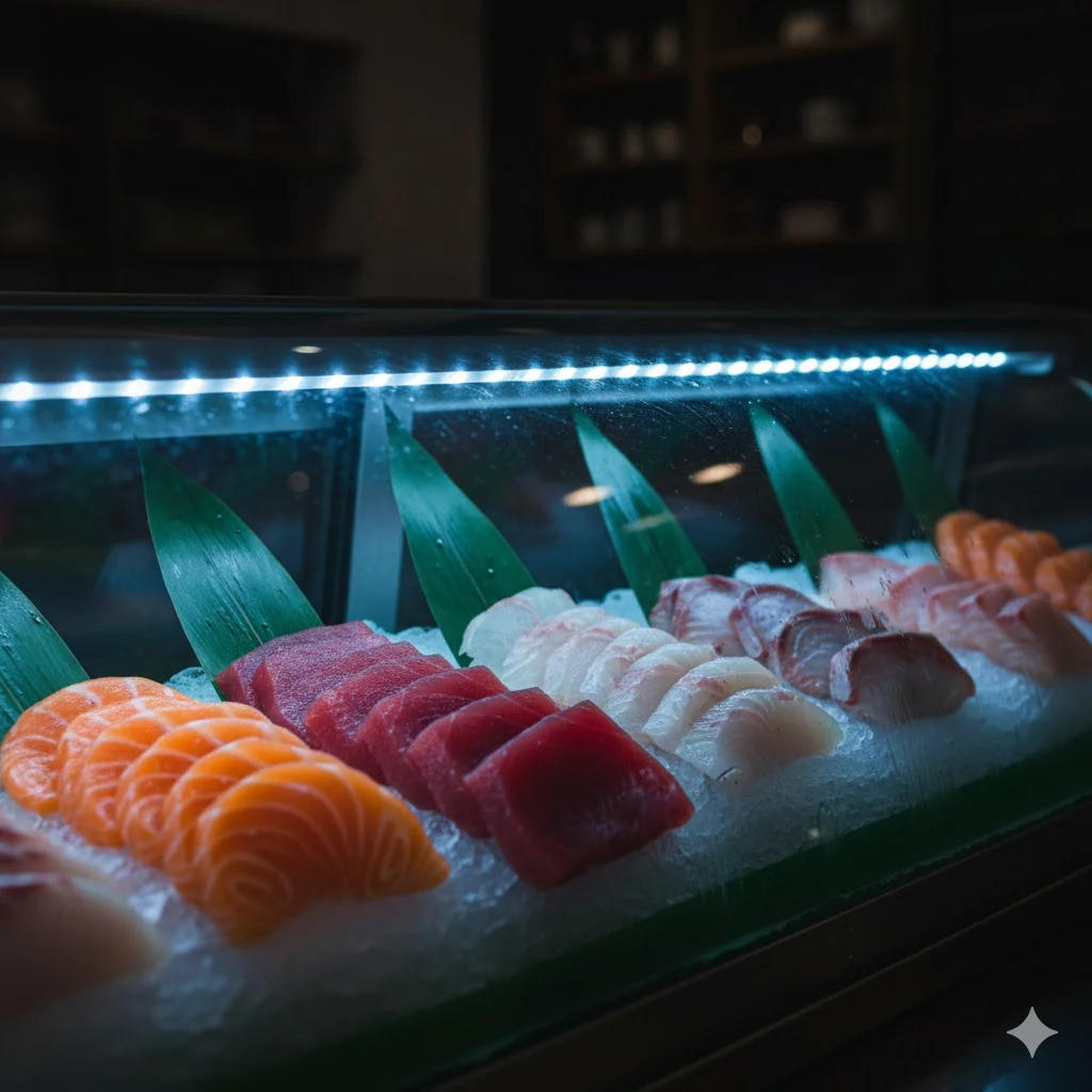 전용 LED 조명을 통해 색감이 더욱 선명하게 살아난 초밥쇼케이스 내부 진열 모습