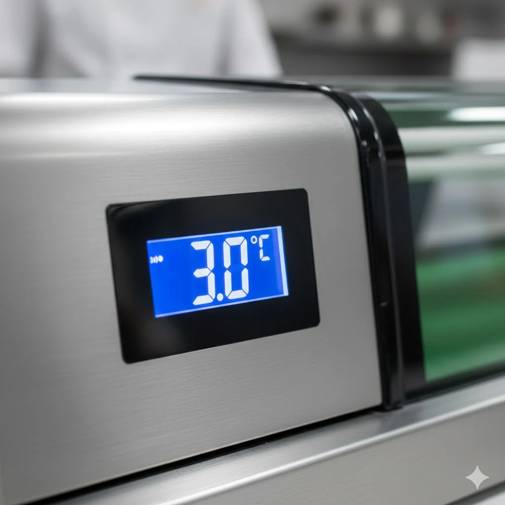 3.0도를 유지하고 있는 초밥쇼케이스의 정밀 디지털 온도 조절 장치