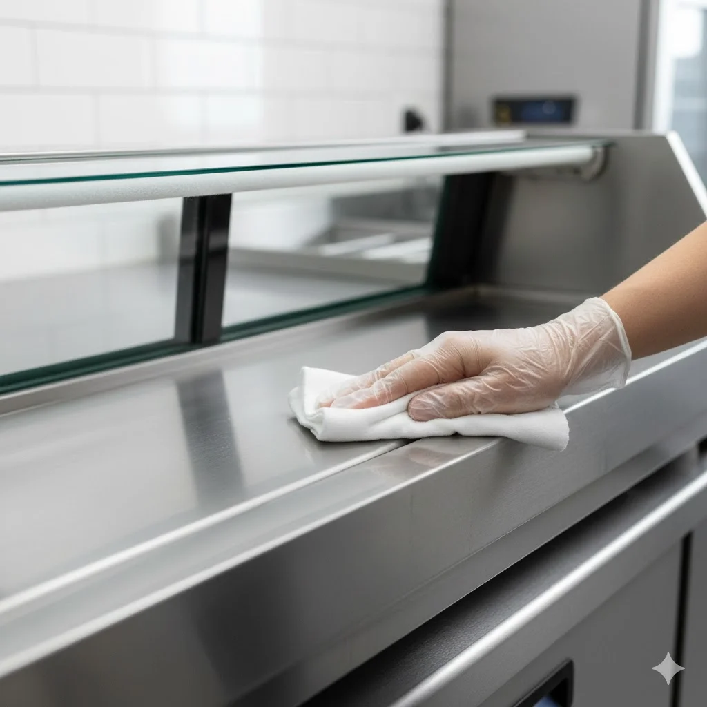 식재료 위생을 위해 초밥쇼케이스 내부를 살균 소독제로 닦는 관리 모습