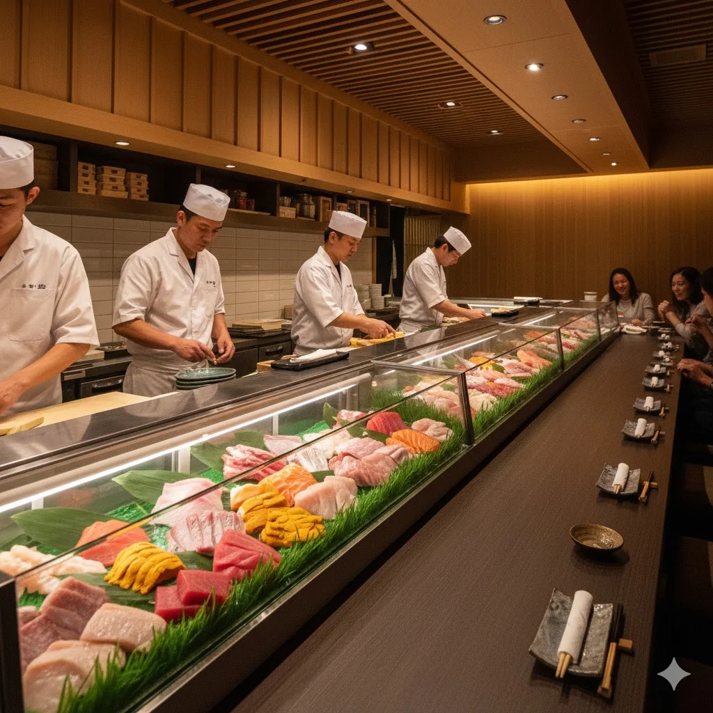현대적인 초밥 전문점 인테리어와 조화를 이루는 대형 초밥쇼케이스 배치 전경