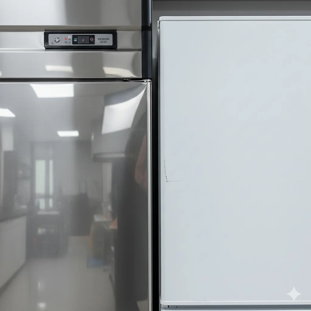 올 스테인리스 김밥냉장고가 설치된 깔끔하고 현대적인 김밥 전문점 주방 전경