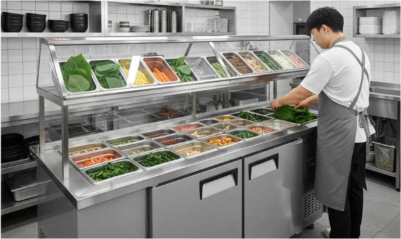 올 스테인리스 김밥냉장고가 설치된 깔끔하고 현대적인 김밥 전문점 주방 전경