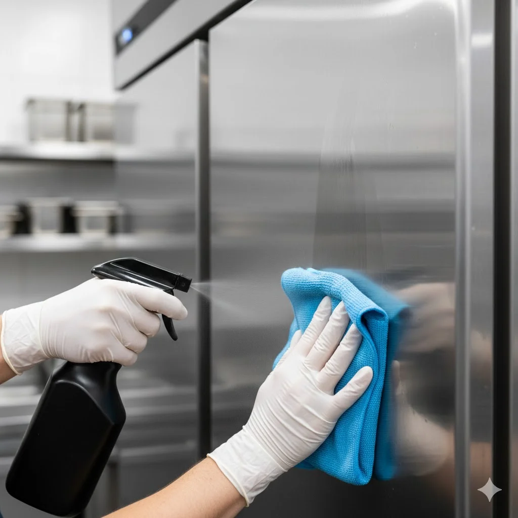 전용 살균제로 김밥냉장고를 닦아 간편하게 위생 관리하는 모습