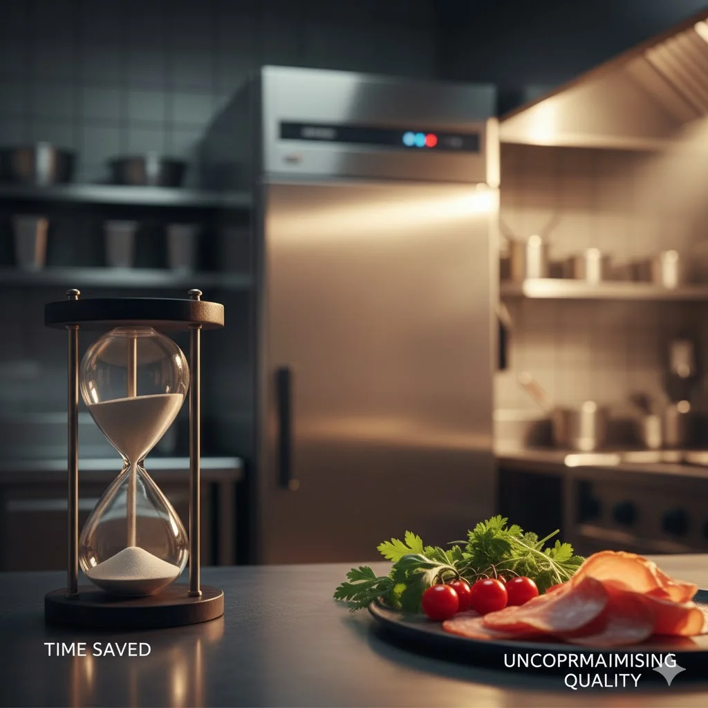 시간 효율성과 식재료 품질을 상징하는 모래시계와 신선한 재료, 그리고 고급 스테인리스 냉장고가 있는 주방 전경