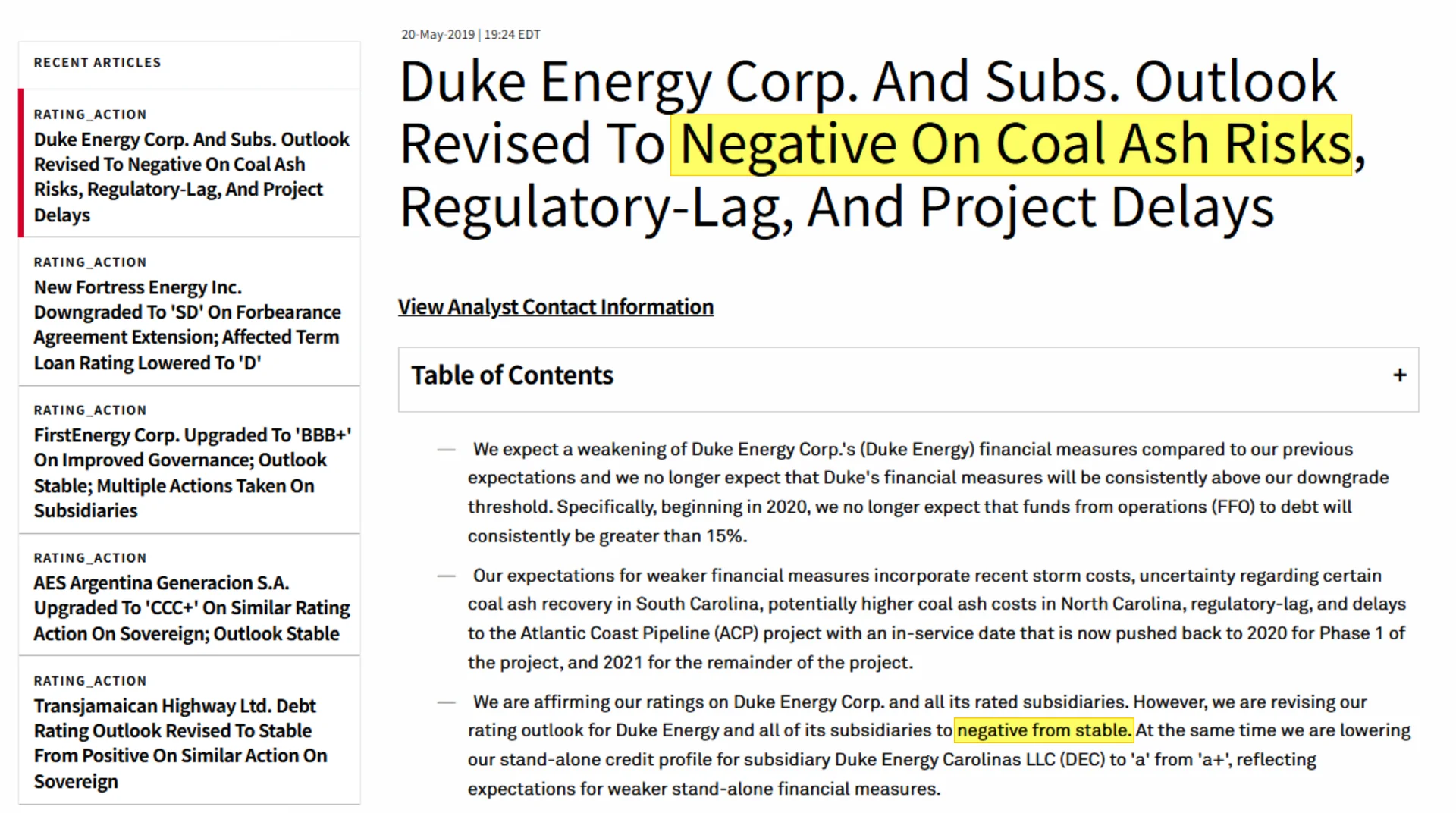 석탄재 문제로 듀크에너지의 신용 전망을 Stable에서 Negative로 변경한 S&P