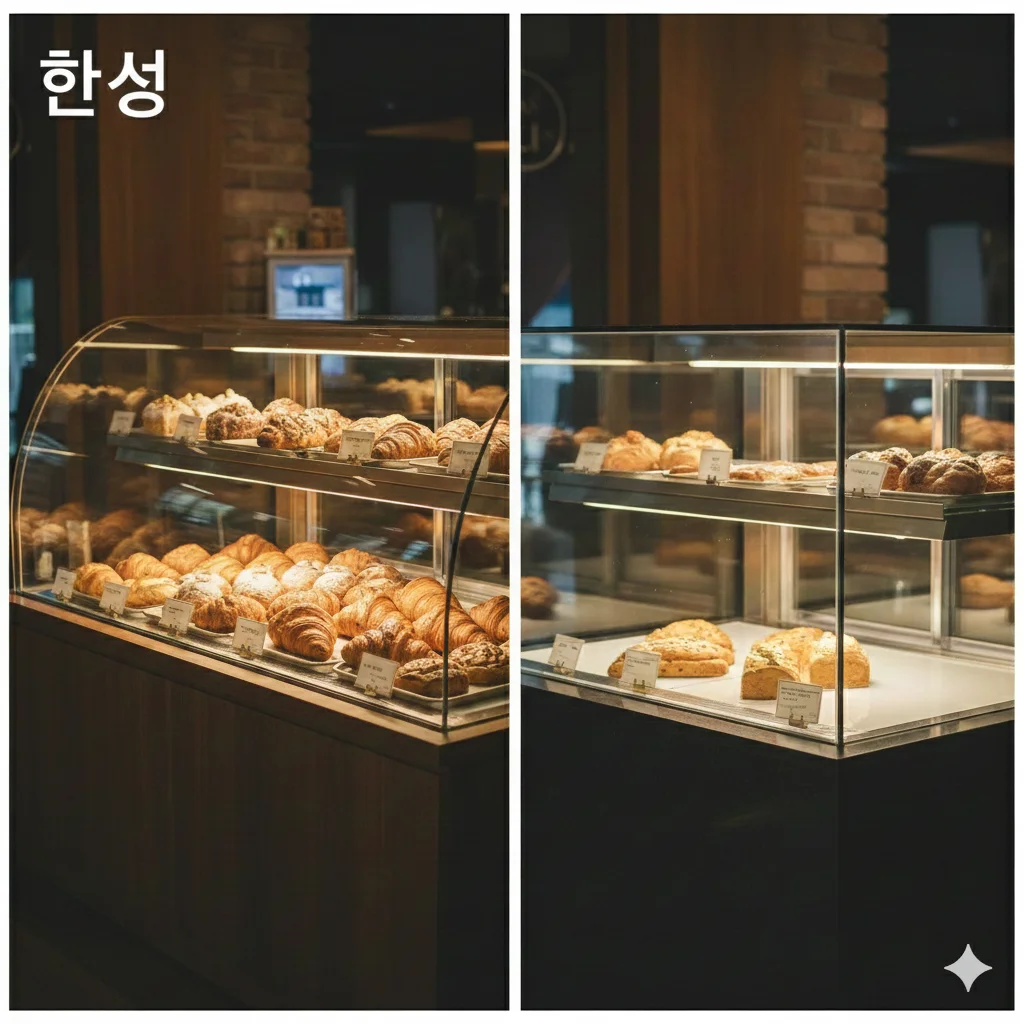 곡면이 들어간 한성쇼케이스와  직선 쇼케이스를 비교한 사진