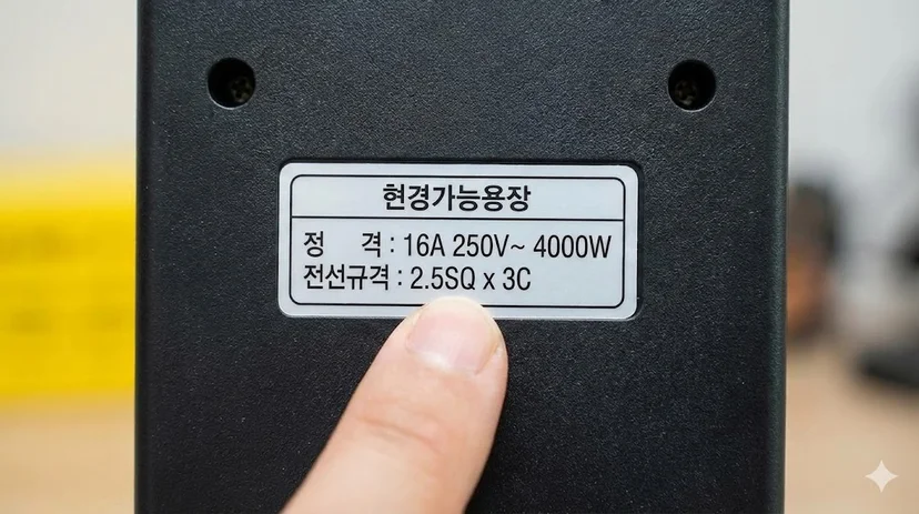 제품 뒷면의 스펙 라벨(4000W, 2.5SQ)을 확인하는 방법을 실제 사진으로 보여주어 실무적인 도움을 줍니다.