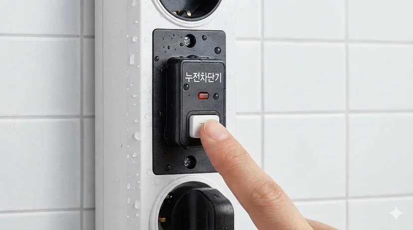 물방울이 맺힌 누전 차단기의 모습을 통해 습기가 많은 매장 환경에서도 안전하게 작동함을 강조합니다.