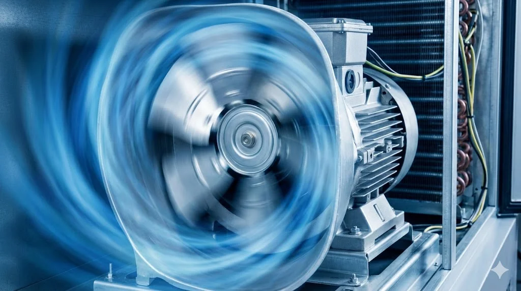 쇼케이스 내부에서 강력하게 회전하며 냉기를 순환시키는 팬모터의 역동적인 모습을 담아, 핵심 동력원으로서의 역할을 강조합니다.