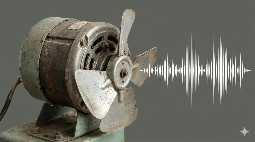 먼지가 쌓이고 날개가 휘어진 낡은 모터에서 소음이 발생하는 모습을 시각화하여, 모터 고장의 징후를 직관적으로 보여줍니다.