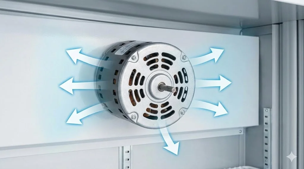 모터 주변의 공기 흐름이 원활하여 열이 잘 식는 이상적인 설치 환경을 시각적으로 보여줍니다.