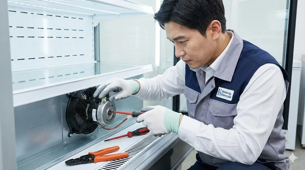 숙련된 기술자가 안전하게 모터를 교체하는 모습을 담아, 전문적인 유지보수의 중요성을 강조합니다.