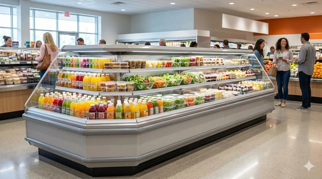 건강한 모터 덕분에 최상의 신선도를 유지하며 고객으로 붐비는 성공적인 매장의 모습을 보여줍니다.